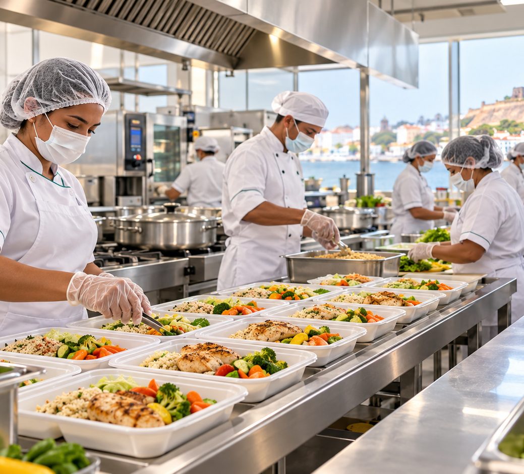 Equipo de cocina con bandejas de comida