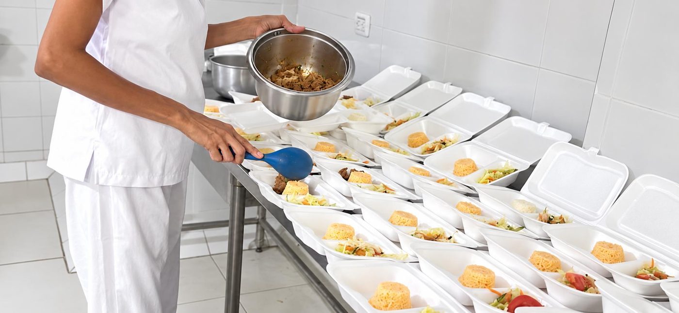 Porcionado de comidas en bandejas con olla de acero